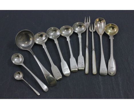 Five Victorian Silver Salt Spoons and a Mustard Spoon plus Two Small Silver Pickle Forks with Mother of Pearl Handles, Two fu