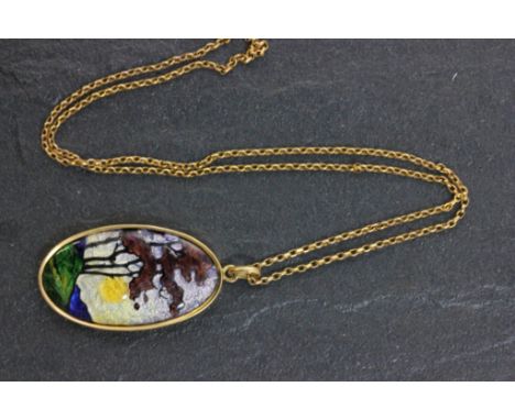 Limoges Enamel Oval Pendant depicting Sunset and Trees signed to reverse Issanchou, Limoges on 9ct Gold Chain 