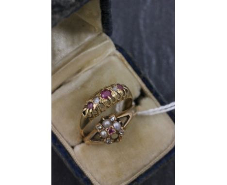 18ct Gold Ring set with Three Rubies and Two Diamonds plus another 18ct Gold Cluster Ring set with Pearls (one missing) and R