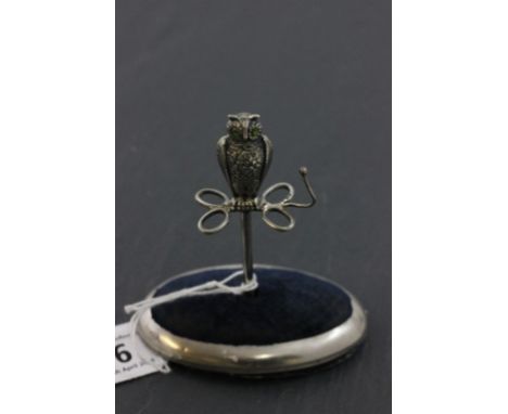 Edwardian Silver Hat Pin Stand with Owl Finial with Green Glass Eyes, Birmingham 1907