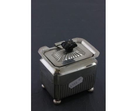 Small Victorian Tea Caddy with Hinged Lid & Ebony Finial, part reeded body on four bun feet, London 1895