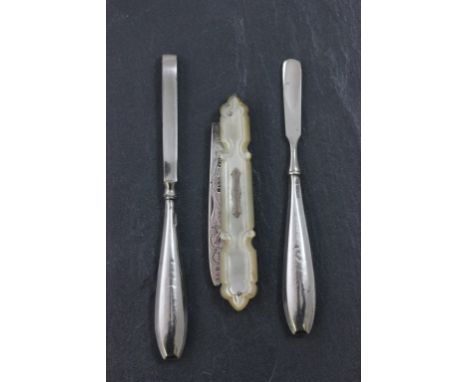 Mother of Pearl Fruit Knife with engraved Silver Blade together with Two Sterling Silver Manicure Items