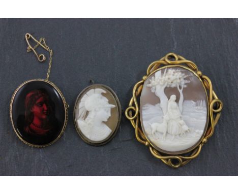 Large Pinchbeck Shell Cameo Brooch with Girl and Goat design, White Metal Shell Cameo Brooch and 9ct Gold Oval Enamel Set Bro