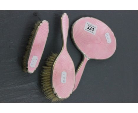 Silver and Pink Guilloche Enamel Three Piece Dressing Table Set of Small Proportions comprising Mirror and Two Brushes, Birmi