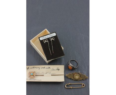 Early 20th century Yellow Metal Stick Pin set with Turquoise, Victorian Yellow Metal Brooch, Yellow Metal Safety Pin, Pair St