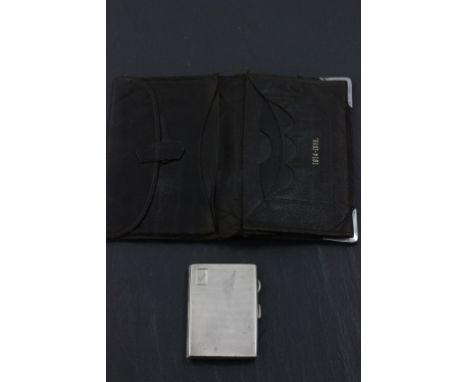 Small Silver Cigarette Case with engine turning and cartouche engraved Ann together with Leather Wallet with Silver Mounts