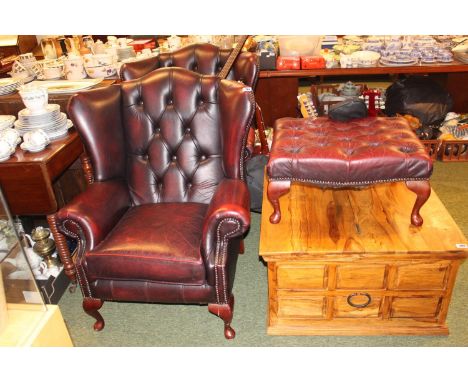 Pair of Ox Blood Leather button back Chesterfield Elbow chair with matching footstool 