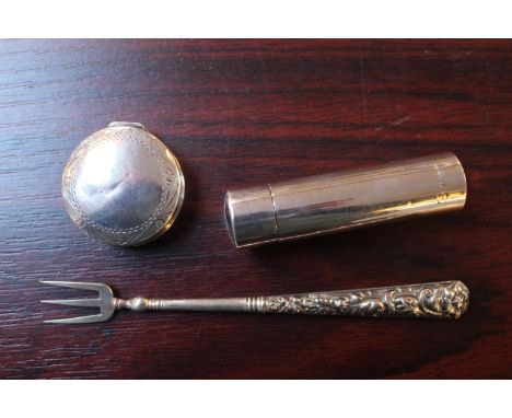 Ladies Cylindrical Silver travelling perfume bottle, Circular Silver Pill Pot and a White Metal Pickle Fork 