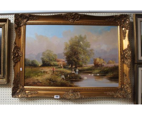 TED DYER (born 1940); Large Gilt Gesso Framed Oil on Canvas of Children playing in a countryside stream 
