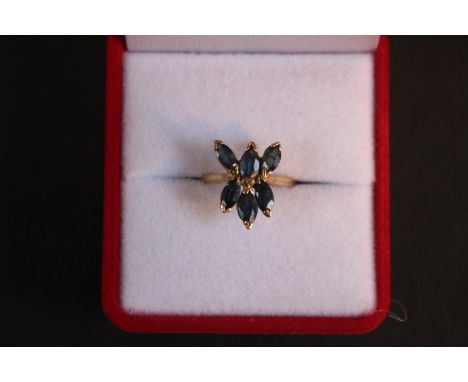 Ladies 14ct Sapphire Floral design ring. Set with 6 Marquise cut Sapphires. 2.3g total weight. Size J 