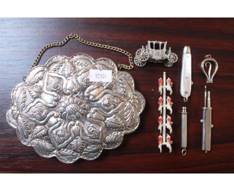 Indonesian White metal oval mirror, 2 Propelling Silver pencils, Mother of Pearl handled Fruit knife and Coronation carriage 