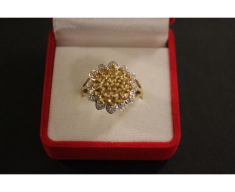Ladies 9ct Gold Diamond and Citrine set cluster ring 3.5g total weight. Size N 