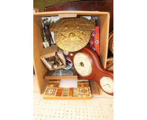 Box of assorted Bygones to include Milner's Patent Safe Plaque, Barometer, Pictures etc 