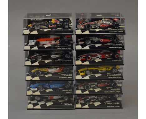 12 x Minichamps 1:43 scale diecast racing cars. Boxed, overall appear E, some models not screwed into bases.