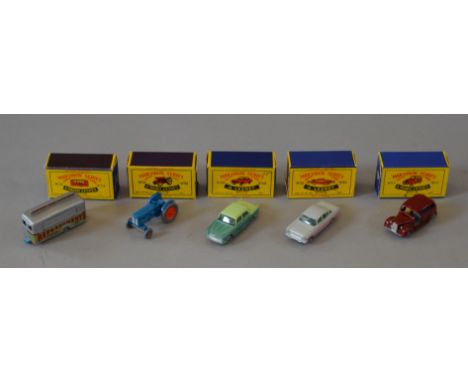 Five Matchbox diecast models: 17 Metropolitan Taxi; 22 Vauxhall Cresta; 29 Austin Cambridge; 72 Fordson Tractor; 74 Mobile Ca