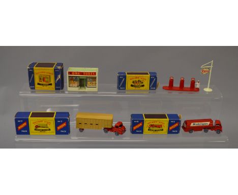 Matchbox Major and Accessory Packs: M-7 Cattle Truck; M-8 Petrol Tanker; A-5 Home Stores; A-1 Esso Pumps and Forecourt Sign. 