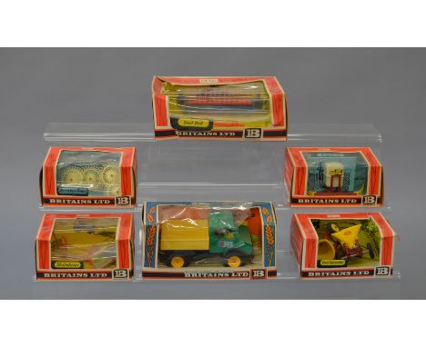 Six Britains Farm models: 9548 Crop Spray; 9537 Acrobat Rake; 9535 Muledozer; 9569 Tractor Lorry; 9538 Vari-Spreader; 9539 Se