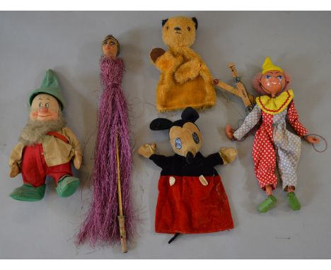 Pelham Puppet, together with Chad Valley Mickey Mouse hand puppet, Sooty glove puppet, stick puppet & Dwarf soft toy. Overall