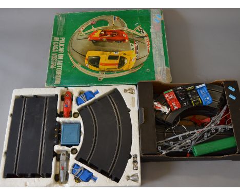 Polistil 1:32 slot car racing set, together with unboxed smaller scale cars & track. Overall F