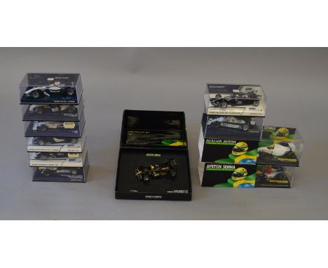 11 x Minichamps 1:43 scale diecast models, includes Williams and Ayrton Senna Racing Car Collection models. Boxed, VG, some m