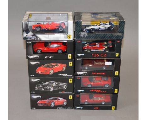 10 x Hot Wheels 1:43 scale diecast model cars, mostly Ferrari. Boxed, overall appear E.