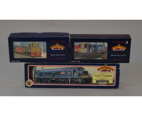 OO Gauge. Bachmann 3 x diesel locomotives. BR blue class 46 (Some weathering applied), Railfreight Distribution class 08 & BR