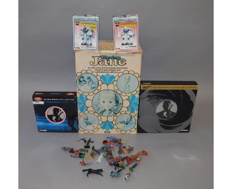 Mixed lot including Sansei Japanese figures, Cherilea and similar figures, Corgi 007 models and Ideal Playing Jane doll