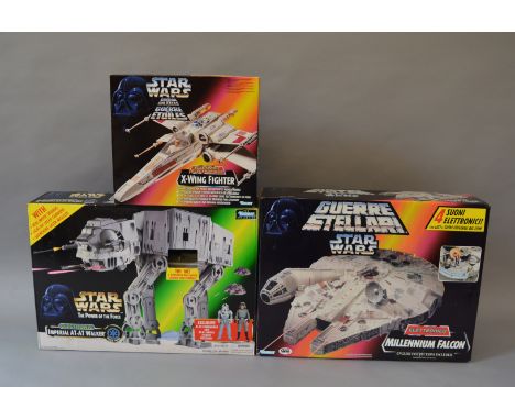 Three Hasbro/Kenner Star Wars POTF2 Electronic vehicles: Millennium Falcon; X-wing Fighter; Imperial AT-AT Walker. Boxed, ove