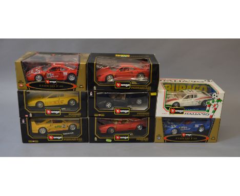 Eight Bburago 1:18 scale diecast Ferrari models, all 1980s cars. G-VG in dusty boxes. (8)