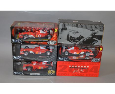 Six Hot Wheels Racing 1:18 scale diecast Ferrari models: 55698; B1026; 54614; 50930; 54626; B6220. Overall appear VG, boxed. 