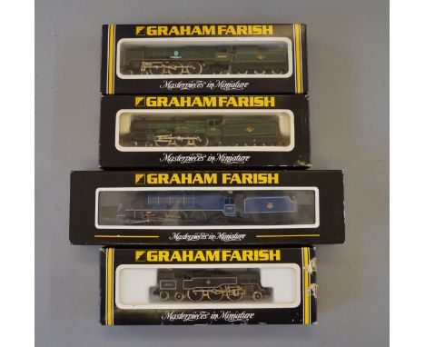 N Gauge Graham Farish. 4 x locomotives. BR black standard 4MT tank, BR green rebuilt BoB "602 Squadron", BR green "Clun Castl