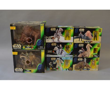 Eight Hasbro/Kenner Star Wars POTF2 creatures: Jabba the Hutt and Han Solo; Ronto and Jawa; Dewback and Sandtrooper; Bantha a