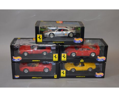 Five Hot Wheels 1:18 scale diecast Ferrari models: 23909; 23911; 23920; 25730; 27774. G-VG in dusty boxes. (5)