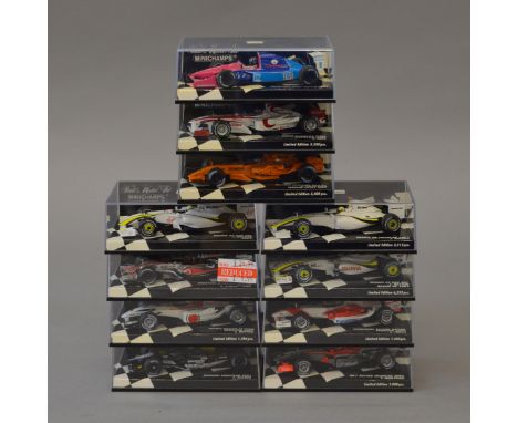 11 x Minichamps 1:43 scale diecast racing cars. Boxed, overall appear E, some models not screwed into bases.