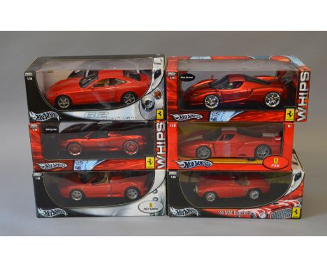 Six Hot Wheels 1:18 scale diecast Ferrari models: B6047; B6054; H0326; J2853; 57310; G8984. G-VG in dusty boxes. (6)