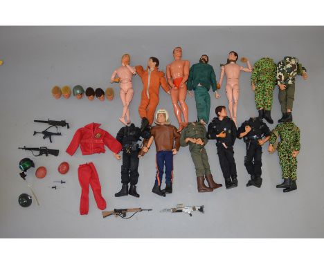 12 x Palitoy Action Man figures with flock hair, some with heads detached and fatigued hands. Together with a Kenner Six Mill