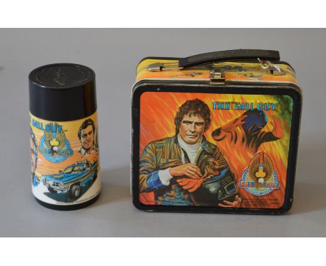 Aladdin Industries The Fall Guy tin lunchbox, brightly coloured and illustrated, contains flask. F-G.