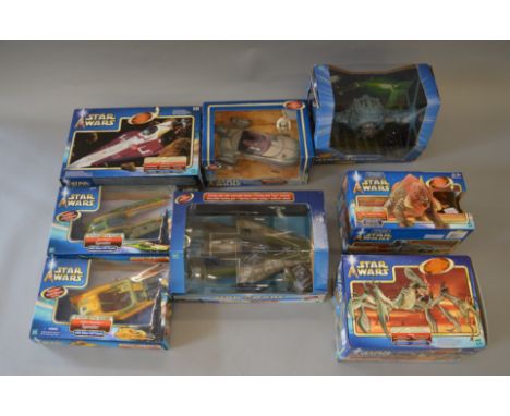 Eight Hasbro Star Wars Saga vehicles and creatures: Acklay; Reek; Obi-Wan Kenobi Jedi Starfighter; Anakin Skywalker Speeder; 