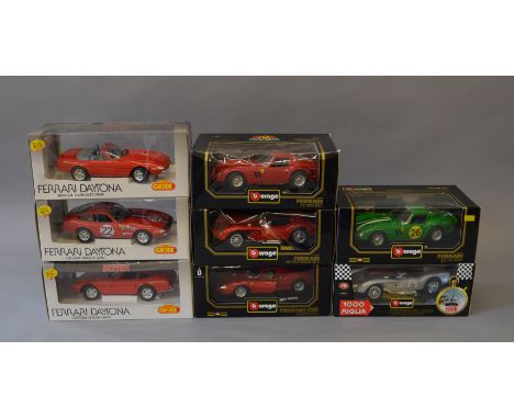 Eight 1:18 scale diecast Ferrari models by Bburago and Techno Giodi, all 1950s and 1960s cars. G-VG in dusty boxes. (8)