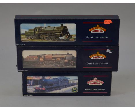 OO Gauge. Bachmann 3 x locomotives. BR black Collett goods, P/Boiler Scot BR green "The Royal Horse Guardsman" & BR black Sta