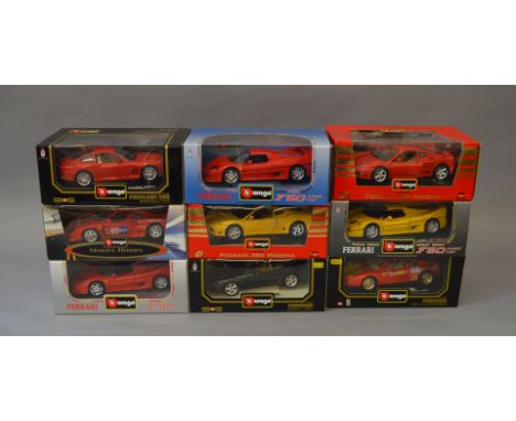 Nine Bburago 1:18 scale diecast Ferrari models, all 1990s cars. G-VG in dusty boxes. (9)