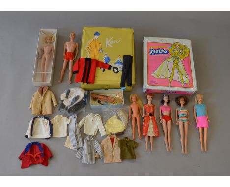 Quantity of vintage Mattel Barbie items: Ken doll, 1961, flock hair worn, in carry case with selection of clothing including 