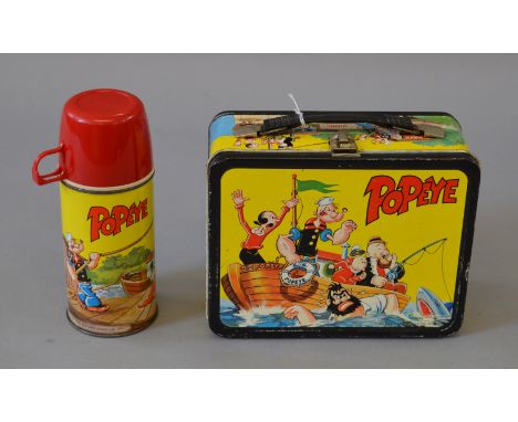 Thermos Popeye tin lunchbox, brightly coloured and illustrated, contains flask. F-G.