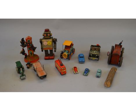 Quantity of assorted tinplate toys, includes Arnold, Masudaya, Chad Valley, Triang, etc, mostly vehicles but also includes a 