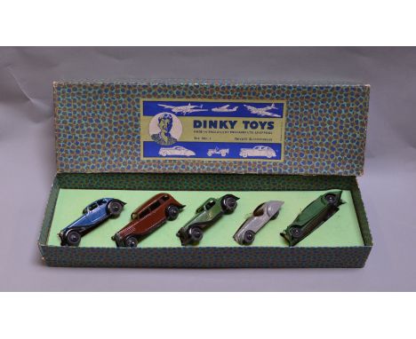 Dinky Toys Set No. 3 Private Automobiles, contains: 36d Rover in dark blue with black chassis; 30d Vauxhall in brown with bla