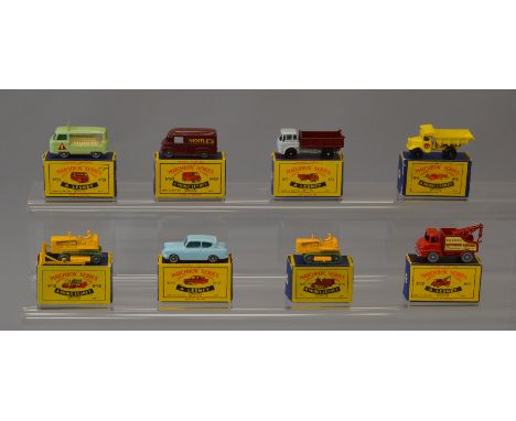Eight Matchbox diecast models: 13 Wreck Truck; 6 Quarry Truck; 3 Bedford Tipper Truck; 8 Caterpillar Tractor; 69 Nestle's Van
