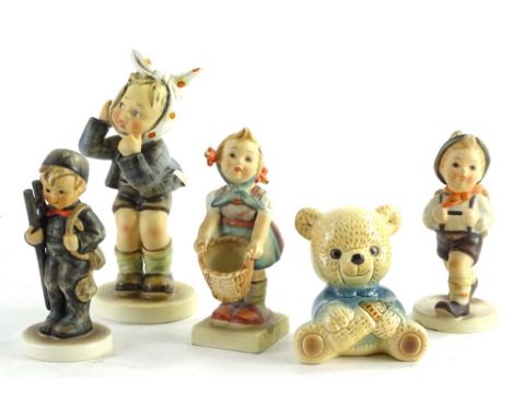 Various Goebel Hummel figures, to include School Boy, 12cm H, Chimney sweep, etc., and Goebel figure of a seated teddy bear. 