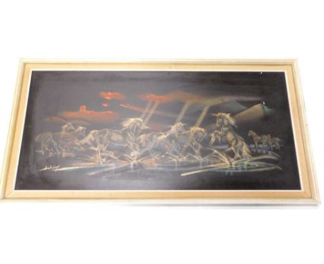 After Derrick Ashley. Horse Play, retro coloured print, 44cm x 98cm.