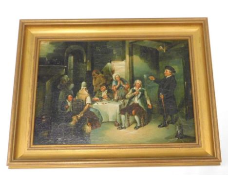 19thC School. Figures in an interior, etc., oleograph print, 31cm x 44cm.