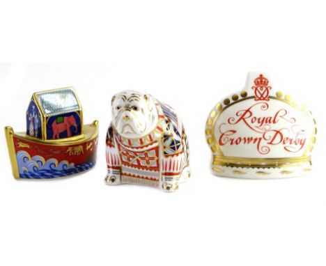 Three items of Royal Crown Derby porcelain, a seated bulldog with gold button, a Noah's Ark children's toy, lacking button an